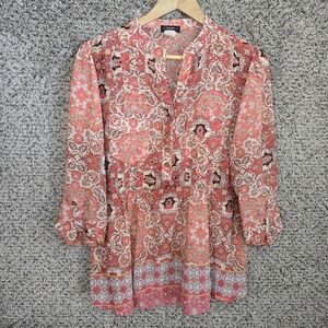 Cocomo Top Womens Plus 2X Pink Floral Print Pintuck Blouse Sheer Roll Tab Sleeve